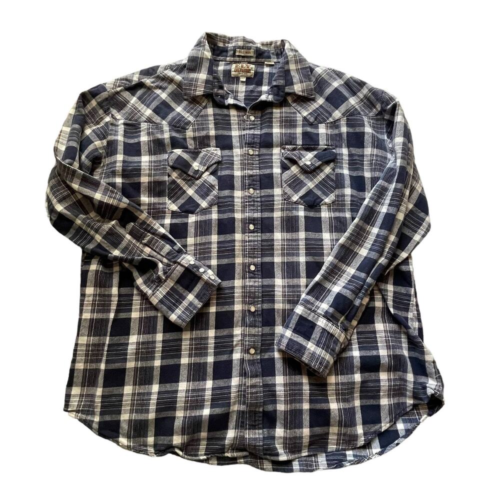 ELY Cattleman Men's 2XL‎ Tall Blue Plaid Flannel Western Fall Button Up
